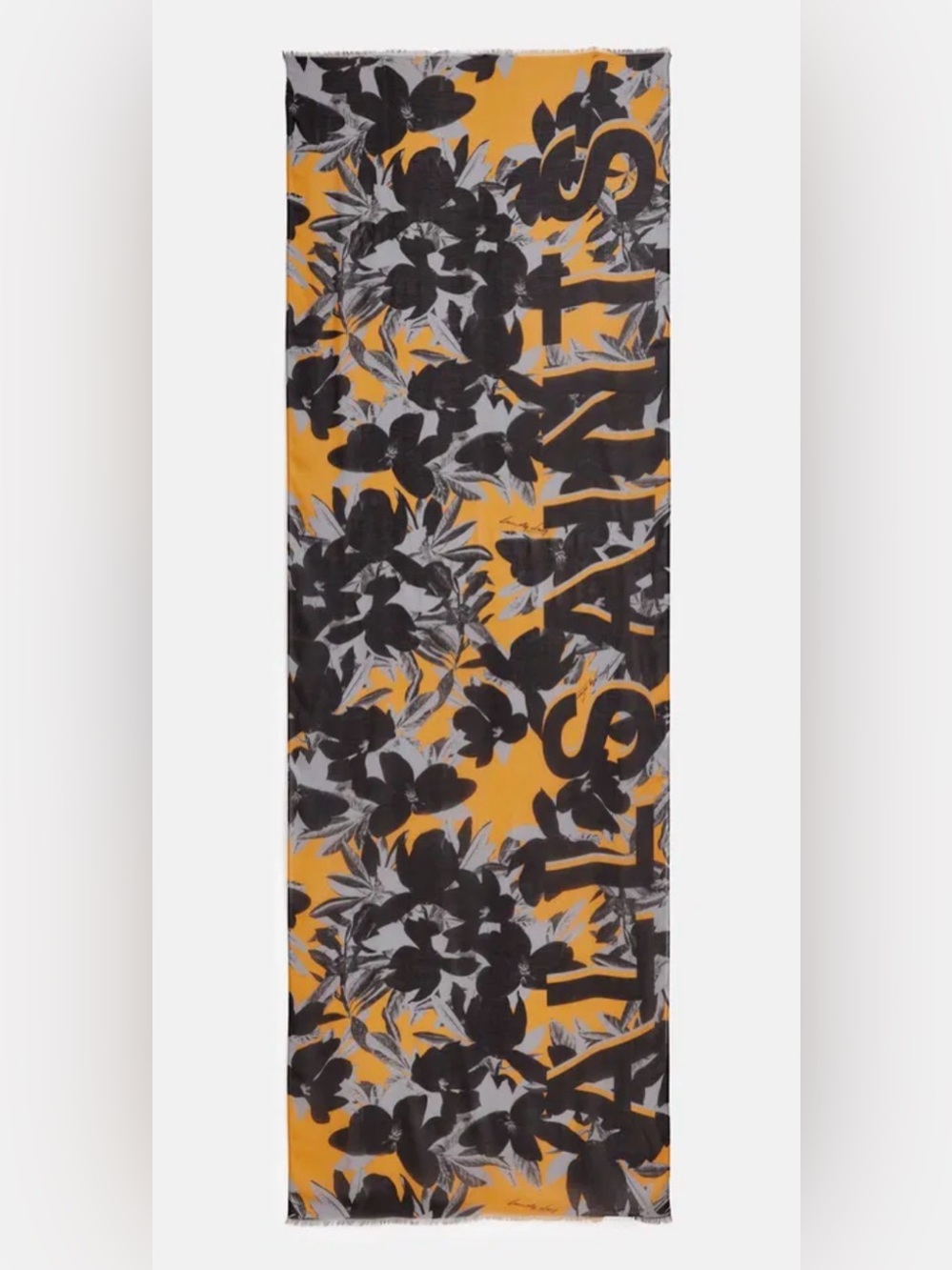 All Saints Alessandra Oblong Scarf Floral Logo Mustard Black Wrap